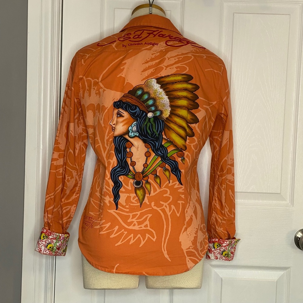 Ed Hardy Orange Tattoo Graphic Button Down Y2K Western Shirt L - Picture 2 of 16